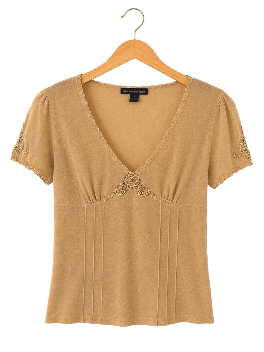 True Y2K Express Design Studio Mesh Lace Trim Top Tan Beige Large Boho Fairy